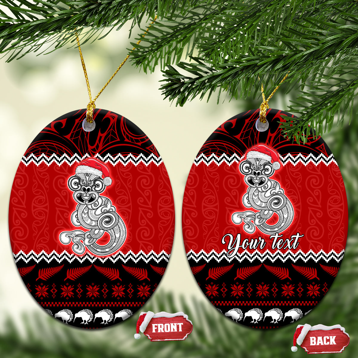 Personalised New Zealand Christmas Ceramic Ornament Maori Tiki Meri Kirihimete LT9 Oval Red - Polynesian Pride