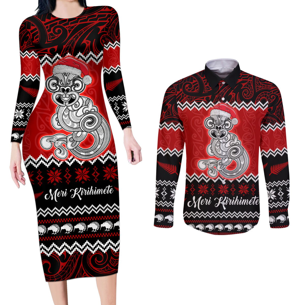 Personalised New Zealand Christmas Couples Matching Long Sleeve Bodycon Dress and Long Sleeve Button Shirt Maori Tiki Meri Kirihimete LT9 Red - Polynesian Pride