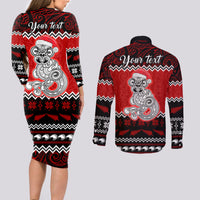 Personalised New Zealand Christmas Couples Matching Long Sleeve Bodycon Dress and Long Sleeve Button Shirt Maori Tiki Meri Kirihimete LT9 - Polynesian Pride