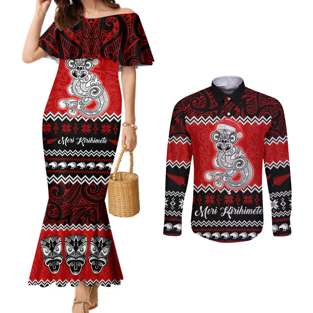 Personalised New Zealand Christmas Couples Matching Mermaid Dress and Long Sleeve Button Shirt Maori Tiki Meri Kirihimete LT9 Red - Polynesian Pride