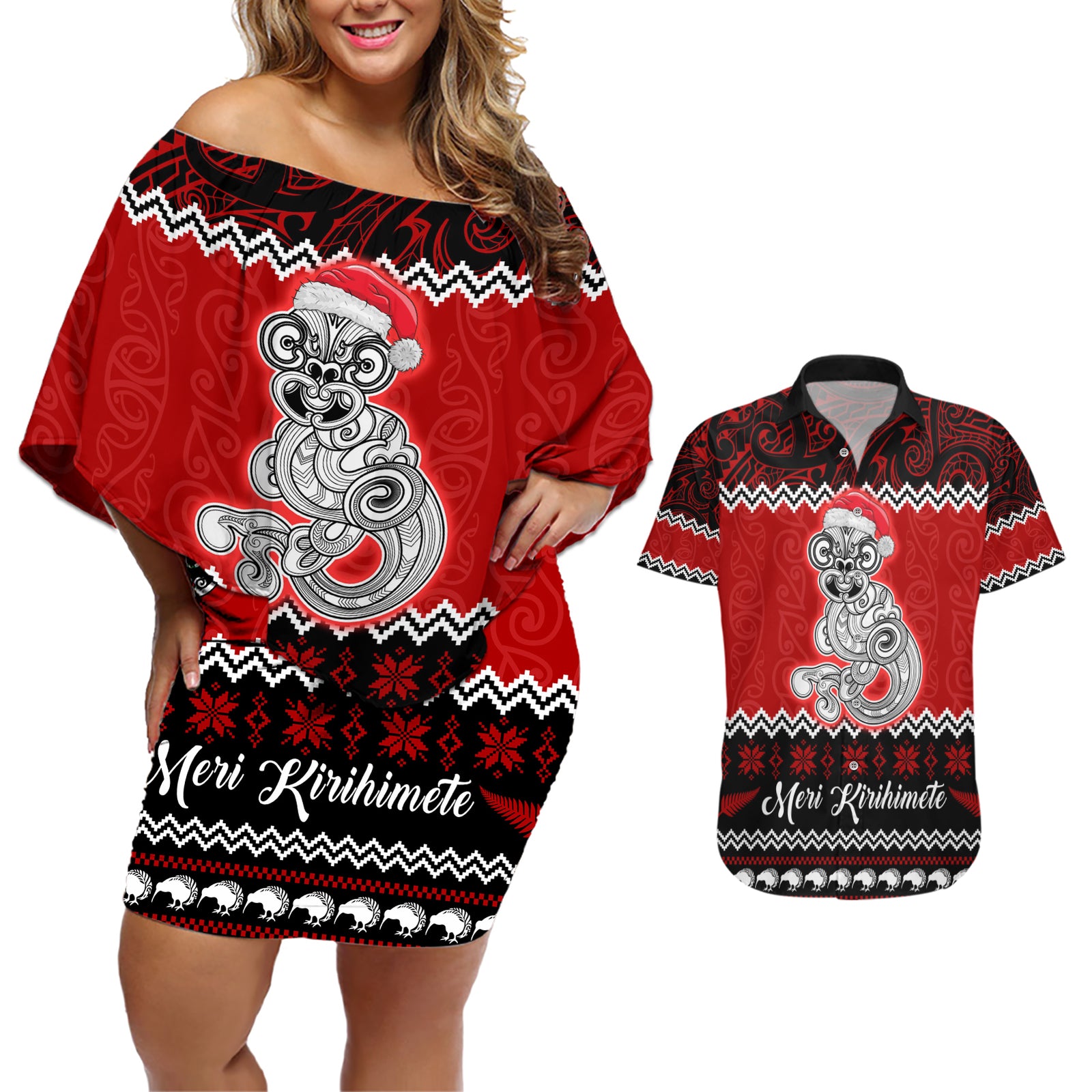 Personalised New Zealand Christmas Couples Matching Off Shoulder Short Dress and Hawaiian Shirt Maori Tiki Meri Kirihimete LT9 Red - Polynesian Pride