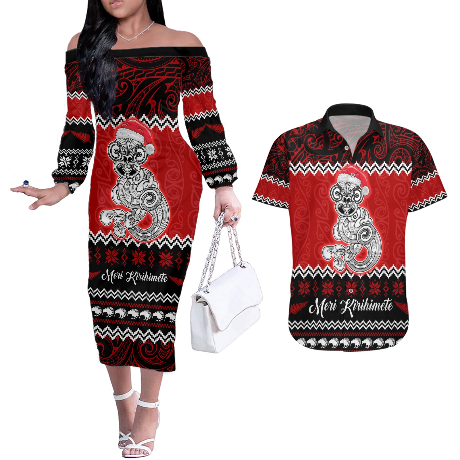 Personalised New Zealand Christmas Couples Matching Off The Shoulder Long Sleeve Dress and Hawaiian Shirt Maori Tiki Meri Kirihimete LT9 Red - Polynesian Pride