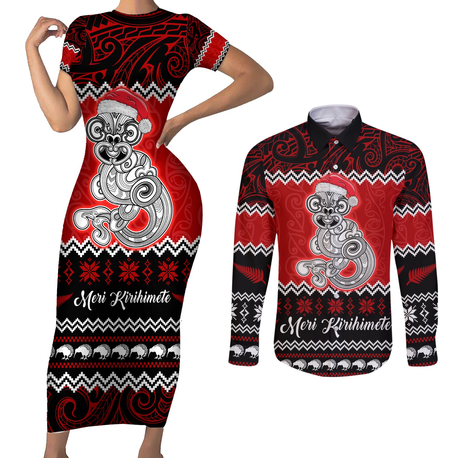 Personalised New Zealand Christmas Couples Matching Short Sleeve Bodycon Dress and Long Sleeve Button Shirt Maori Tiki Meri Kirihimete LT9 Red - Polynesian Pride