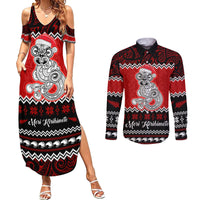 Personalised New Zealand Christmas Couples Matching Summer Maxi Dress and Long Sleeve Button Shirt Maori Tiki Meri Kirihimete LT9 Red - Polynesian Pride