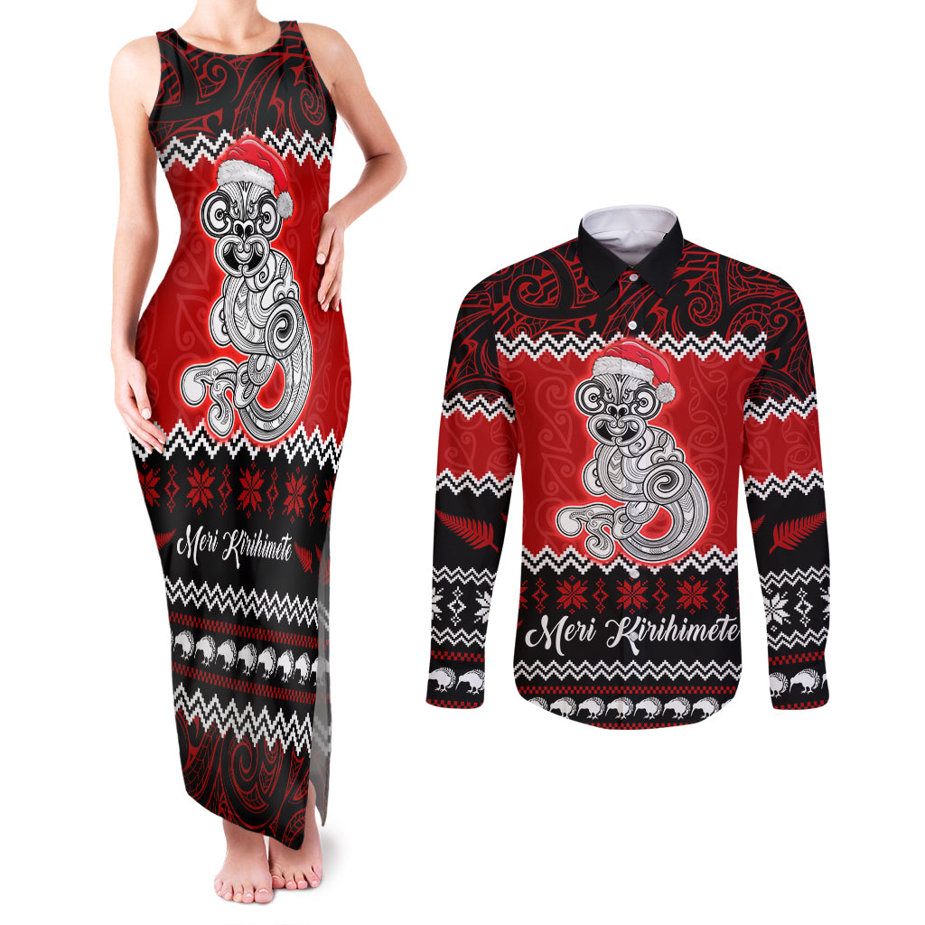 Personalised New Zealand Christmas Couples Matching Tank Maxi Dress and Long Sleeve Button Shirt Maori Tiki Meri Kirihimete LT9 Red - Polynesian Pride