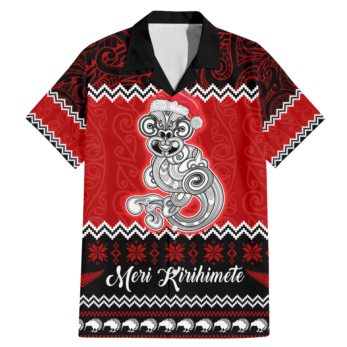 Personalised New Zealand Christmas Family Matching Mermaid Dress and Hawaiian Shirt Maori Tiki Meri Kirihimete LT9 Dad's Shirt - Short Sleeve Red - Polynesian Pride
