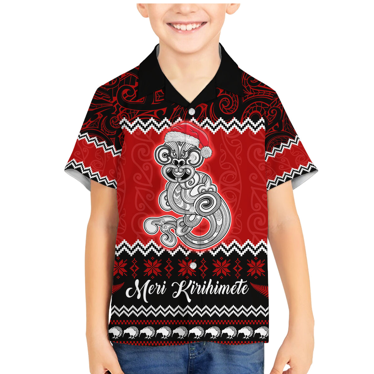 Personalised New Zealand Christmas Family Matching Mermaid Dress and Hawaiian Shirt Maori Tiki Meri Kirihimete LT9 Son's Shirt Red - Polynesian Pride