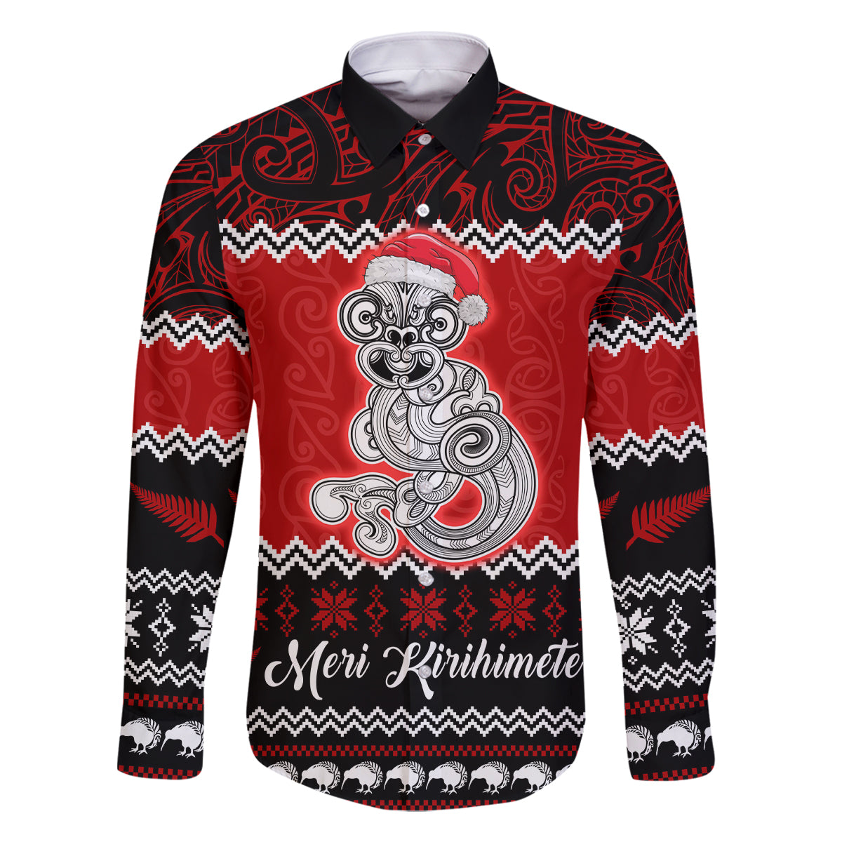 Personalised New Zealand Christmas Family Matching Off Shoulder Short Dress and Hawaiian Shirt Maori Tiki Meri Kirihimete LT9 Dad's Shirt - Long Sleeve Red - Polynesian Pride