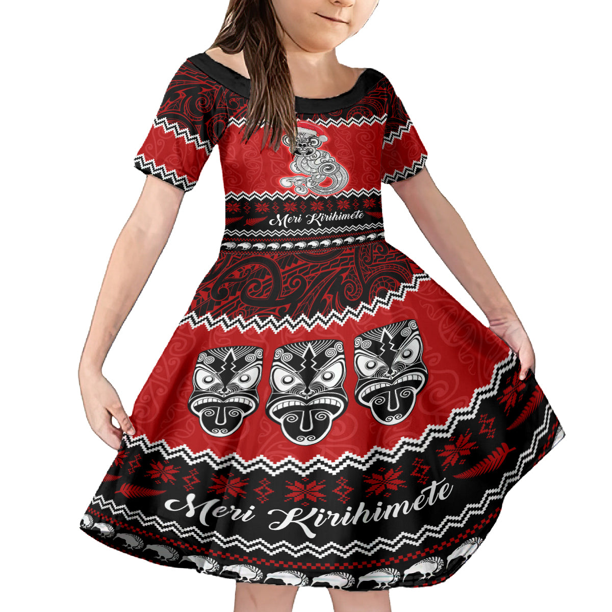 Personalised New Zealand Christmas Family Matching Puletasi Dress and Hawaiian Shirt Maori Tiki Meri Kirihimete LT9 Daughter's Dress Red - Polynesian Pride