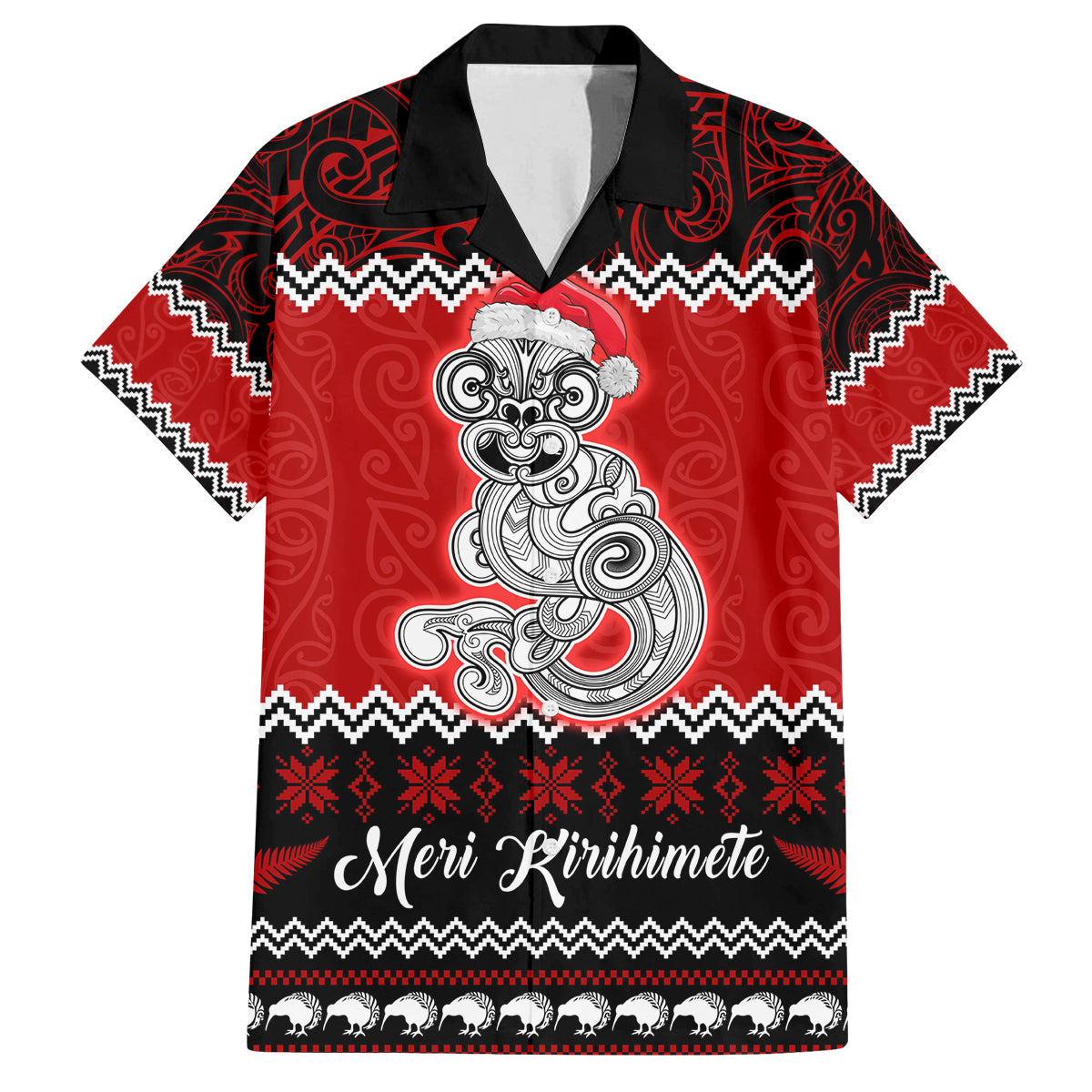Personalised New Zealand Christmas Family Matching Puletasi Dress and Hawaiian Shirt Maori Tiki Meri Kirihimete LT9 Dad's Shirt - Short Sleeve Red - Polynesian Pride