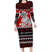 Personalised New Zealand Christmas Long Sleeve Bodycon Dress Maori Tiki Meri Kirihimete LT9 Long Dress Red - Polynesian Pride