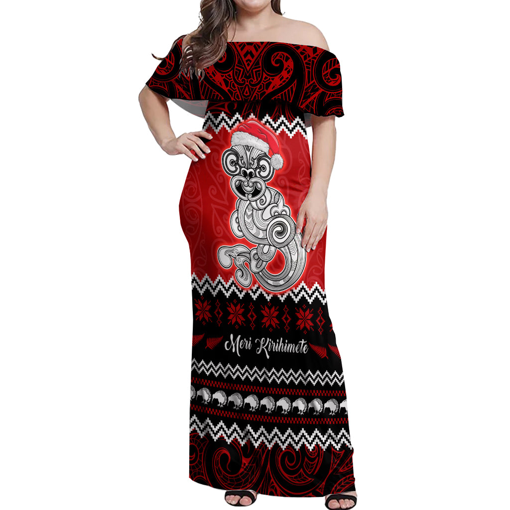 Personalised New Zealand Christmas Off Shoulder Maxi Dress Maori Tiki Meri Kirihimete LT9 Women Red - Polynesian Pride