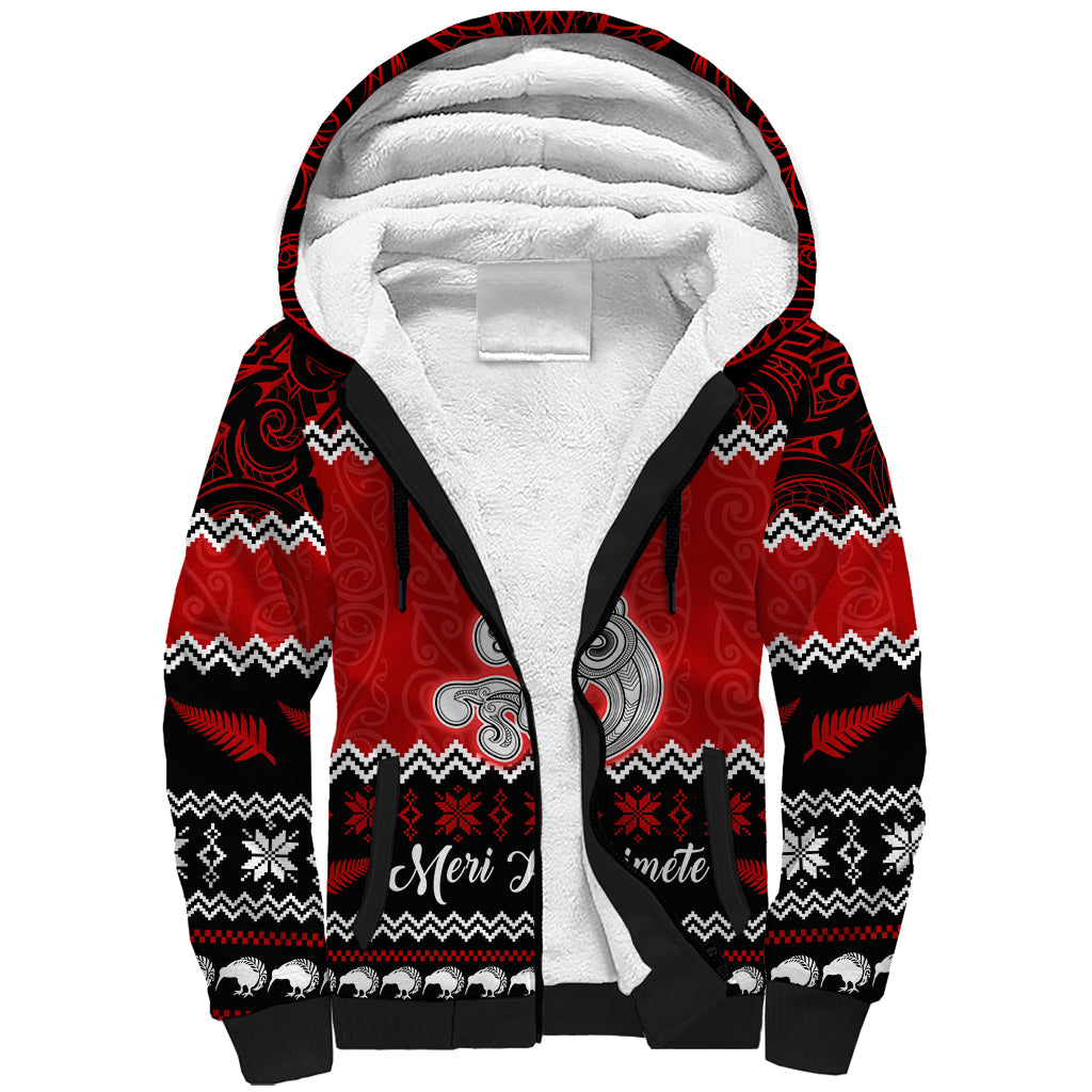 Personalised New Zealand Christmas Sherpa Hoodie Maori Tiki Meri Kirihimete LT9 Unisex Red - Polynesian Pride