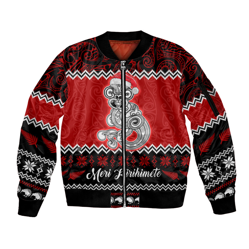 Personalised New Zealand Christmas Sleeve Zip Bomber Jacket Maori Tiki Meri Kirihimete LT9 Unisex Red - Polynesian Pride