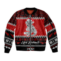 Personalised New Zealand Christmas Sleeve Zip Bomber Jacket Maori Tiki Meri Kirihimete LT9 Unisex Red - Polynesian Pride