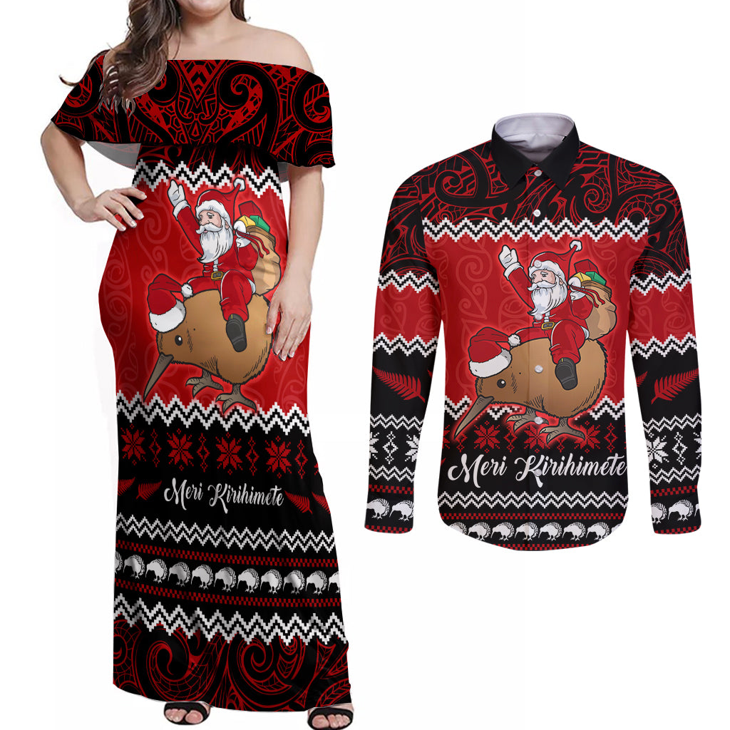 Personalised New Zealand Christmas Couples Matching Off Shoulder Maxi Dress and Long Sleeve Button Shirt Kiwi Santa Claus Maori Meri Kirihimete LT9 Red - Polynesian Pride