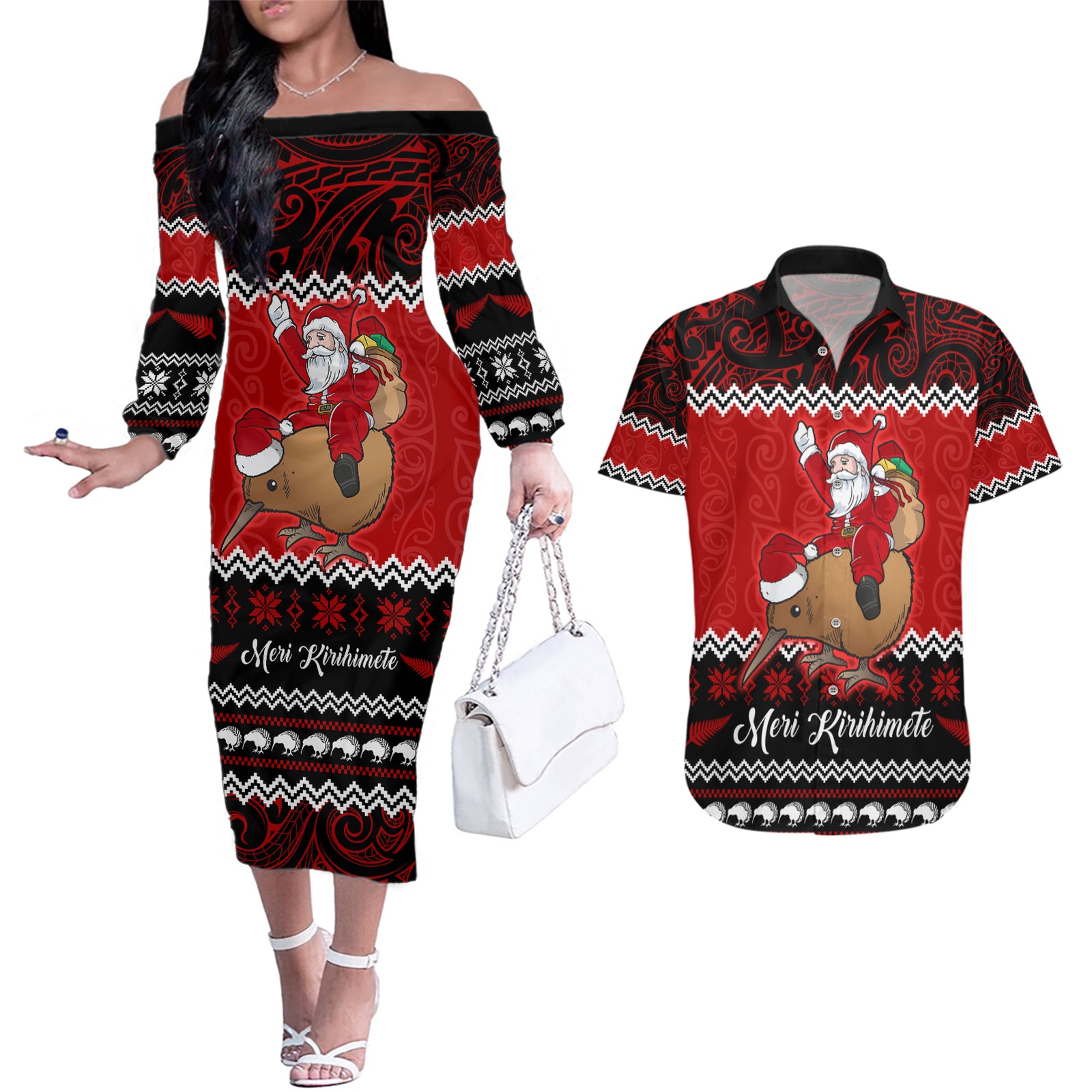 Personalised New Zealand Christmas Couples Matching Off The Shoulder Long Sleeve Dress and Hawaiian Shirt Kiwi Santa Claus Maori Meri Kirihimete LT9 Red - Polynesian Pride