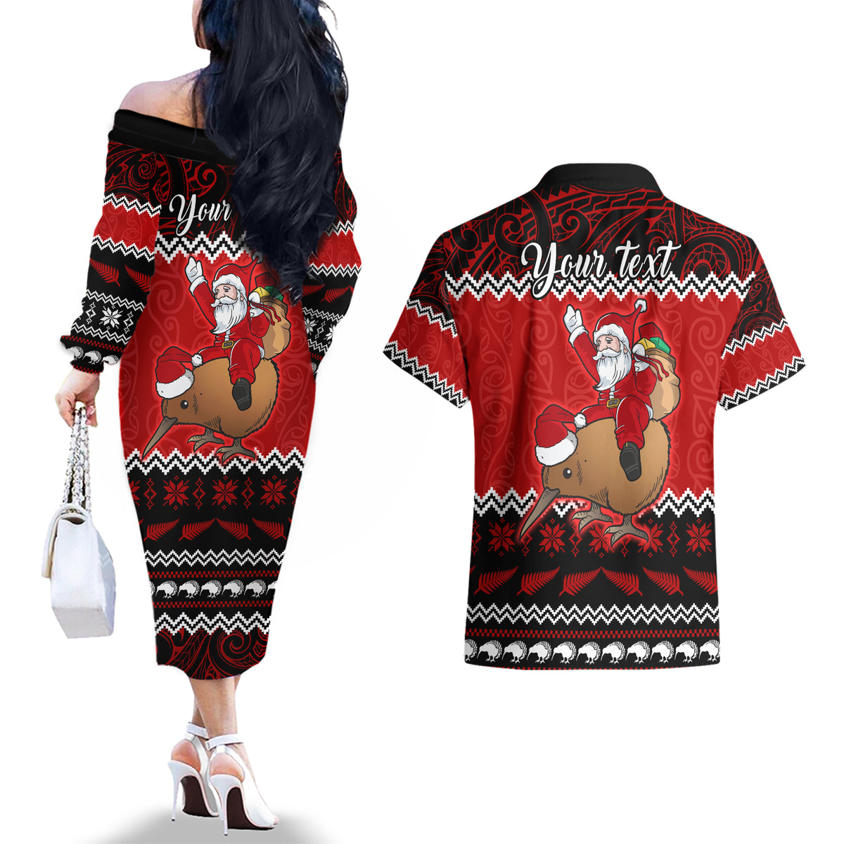 Personalised New Zealand Christmas Couples Matching Off The Shoulder Long Sleeve Dress and Hawaiian Shirt Kiwi Santa Claus Maori Meri Kirihimete LT9 - Polynesian Pride