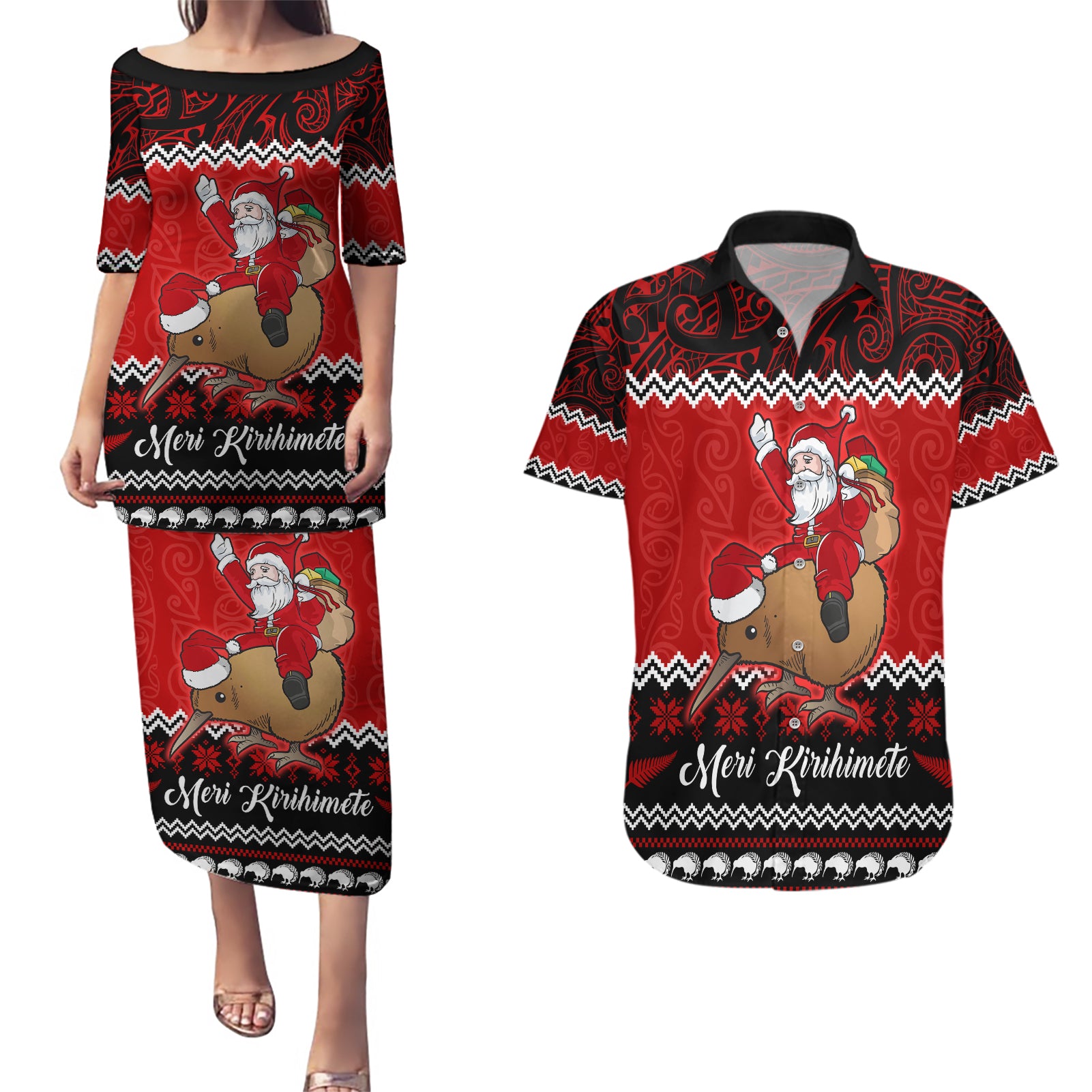 Personalised New Zealand Christmas Couples Matching Puletasi Dress and Hawaiian Shirt Kiwi Santa Claus Maori Meri Kirihimete LT9 Red - Polynesian Pride