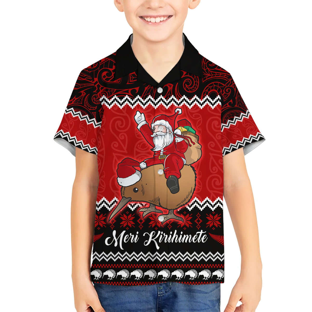 Personalised New Zealand Christmas Family Matching Short Sleeve Bodycon Dress and Hawaiian Shirt Kiwi Santa Claus Maori Meri Kirihimete LT9 Son's Shirt Red - Polynesian Pride