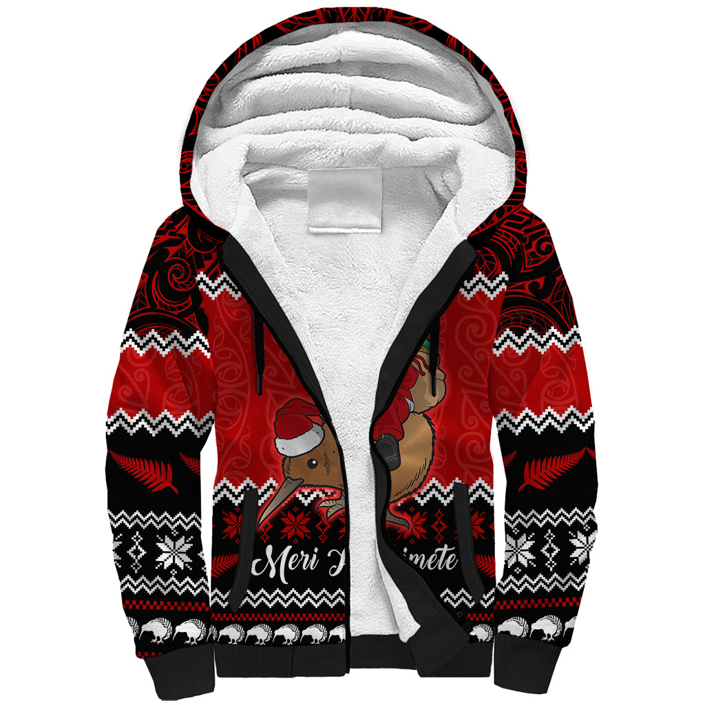 Personalised New Zealand Christmas Sherpa Hoodie Kiwi Santa Claus Maori Meri Kirihimete LT9 Unisex Red - Polynesian Pride