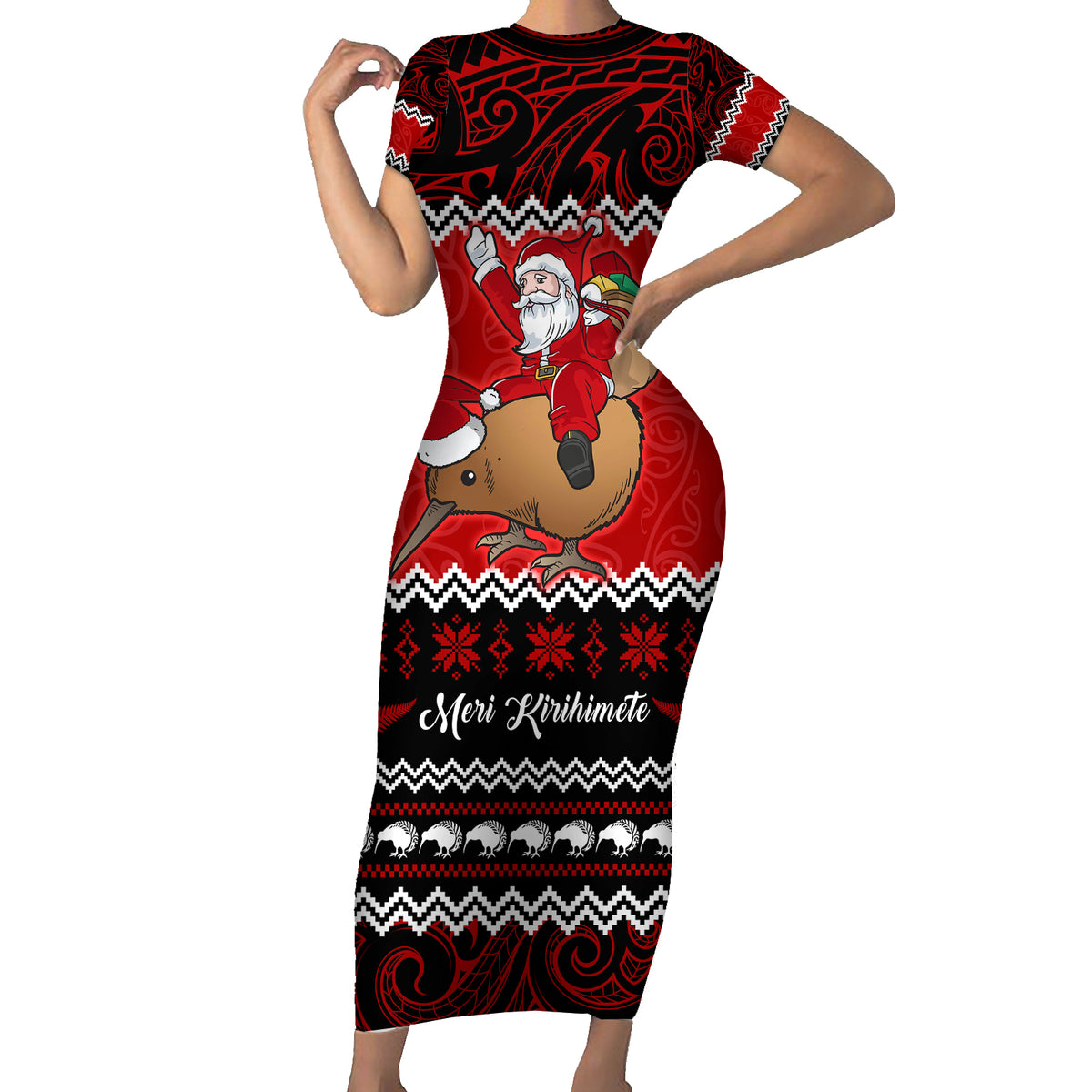 Personalised New Zealand Christmas Short Sleeve Bodycon Dress Kiwi Santa Claus Maori Meri Kirihimete LT9 Long Dress Red - Polynesian Pride