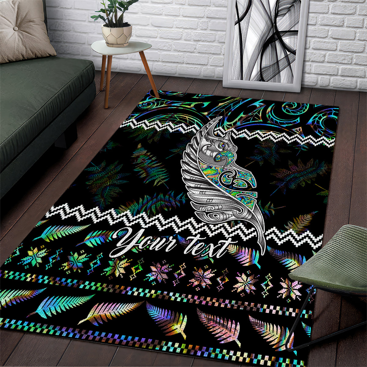 Personalised New Zealand Christmas Area Rug Maori Fern Manaia Meri Kirihimete with Papaua Shell LT9 Black - Polynesian Pride
