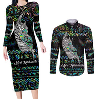 Personalised New Zealand Christmas Couples Matching Long Sleeve Bodycon Dress and Long Sleeve Button Shirt Maori Fern Manaia Meri Kirihimete with Papaua Shell LT9 Black - Polynesian Pride