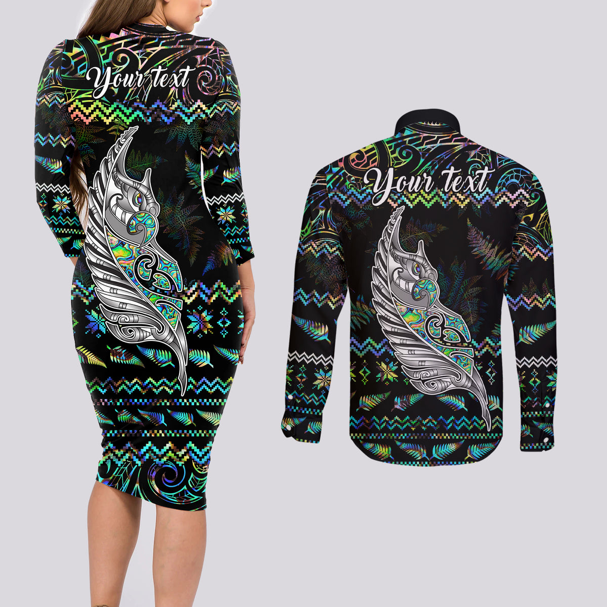 Personalised New Zealand Christmas Couples Matching Long Sleeve Bodycon Dress and Long Sleeve Button Shirt Maori Fern Manaia Meri Kirihimete with Papaua Shell LT9 - Polynesian Pride