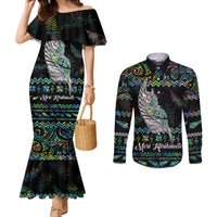 Personalised New Zealand Christmas Couples Matching Mermaid Dress and Long Sleeve Button Shirt Maori Fern Manaia Meri Kirihimete with Papaua Shell LT9 Black - Polynesian Pride