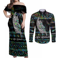 Personalised New Zealand Christmas Couples Matching Off Shoulder Maxi Dress and Long Sleeve Button Shirt Maori Fern Manaia Meri Kirihimete with Papaua Shell LT9 Black - Polynesian Pride