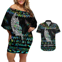 Personalised New Zealand Christmas Couples Matching Off Shoulder Short Dress and Hawaiian Shirt Maori Fern Manaia Meri Kirihimete with Papaua Shell LT9 Black - Polynesian Pride