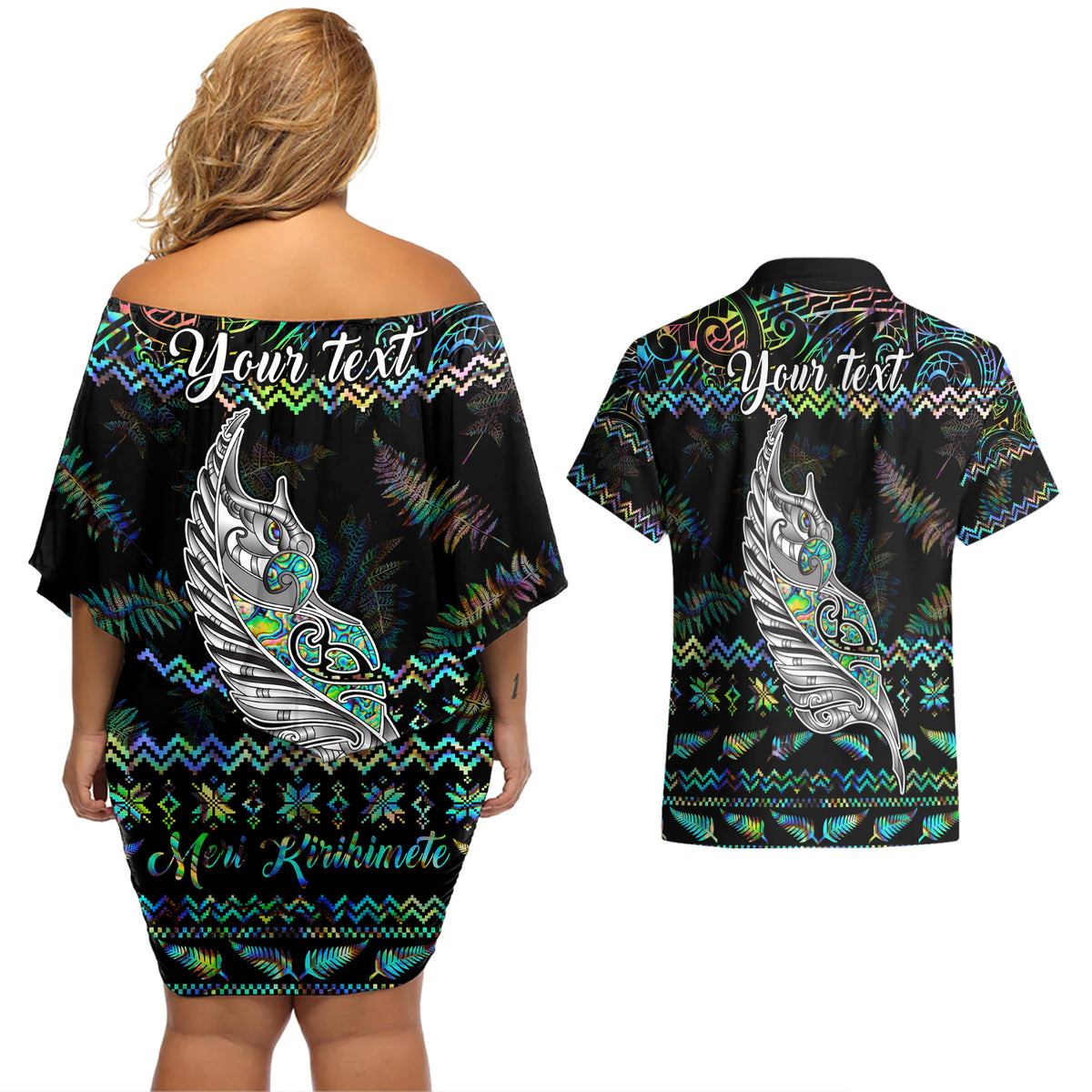 Personalised New Zealand Christmas Couples Matching Off Shoulder Short Dress and Hawaiian Shirt Maori Fern Manaia Meri Kirihimete with Papaua Shell LT9 - Polynesian Pride