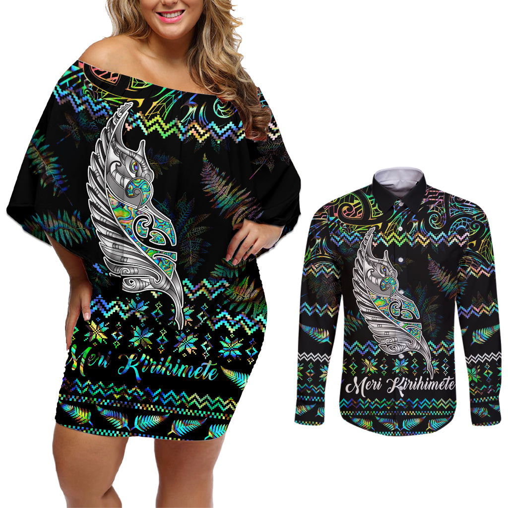 Personalised New Zealand Christmas Couples Matching Off Shoulder Short Dress and Long Sleeve Button Shirt Maori Fern Manaia Meri Kirihimete with Papaua Shell LT9 Black - Polynesian Pride
