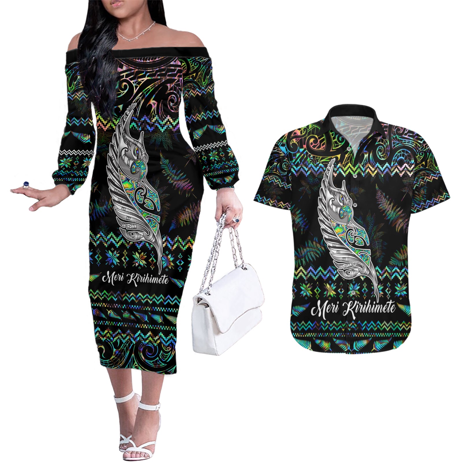 Personalised New Zealand Christmas Couples Matching Off The Shoulder Long Sleeve Dress and Hawaiian Shirt Maori Fern Manaia Meri Kirihimete with Papaua Shell LT9 Black - Polynesian Pride