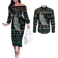 Personalised New Zealand Christmas Couples Matching Off The Shoulder Long Sleeve Dress and Long Sleeve Button Shirt Maori Fern Manaia Meri Kirihimete with Papaua Shell LT9 Black - Polynesian Pride