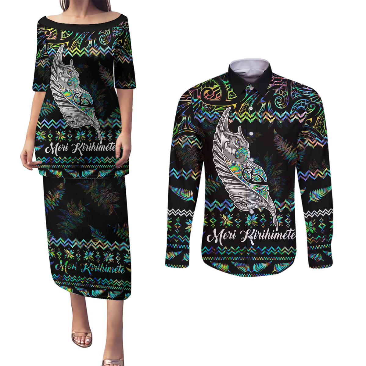 Personalised New Zealand Christmas Couples Matching Puletasi Dress and Long Sleeve Button Shirt Maori Fern Manaia Meri Kirihimete with Papaua Shell LT9 Black - Polynesian Pride
