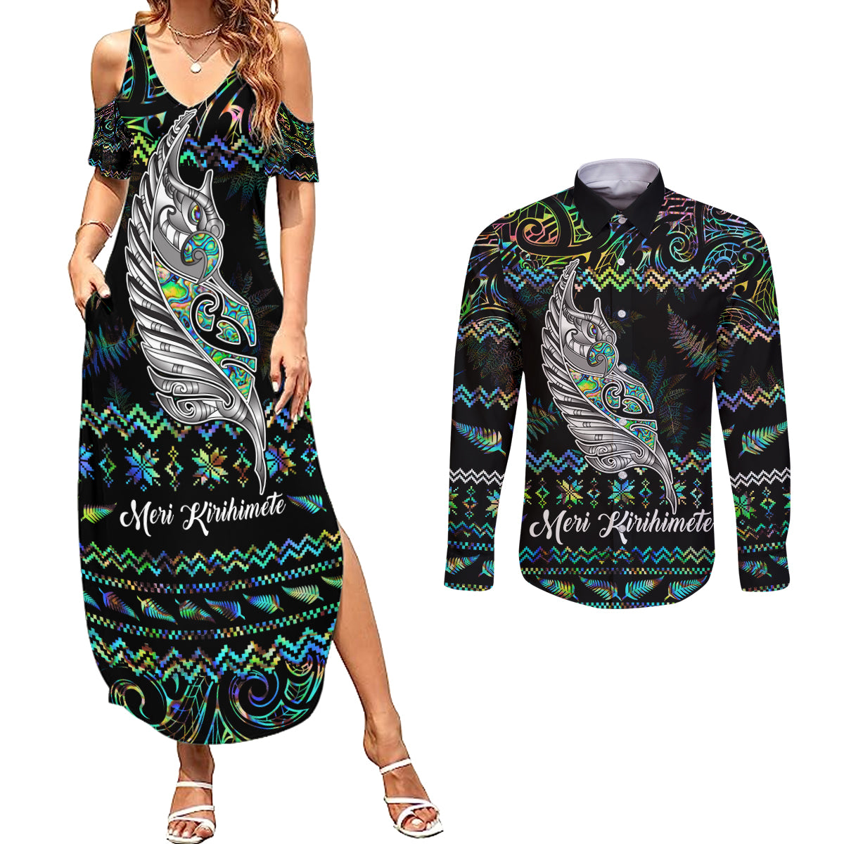 Personalised New Zealand Christmas Couples Matching Summer Maxi Dress and Long Sleeve Button Shirt Maori Fern Manaia Meri Kirihimete with Papaua Shell LT9 Black - Polynesian Pride