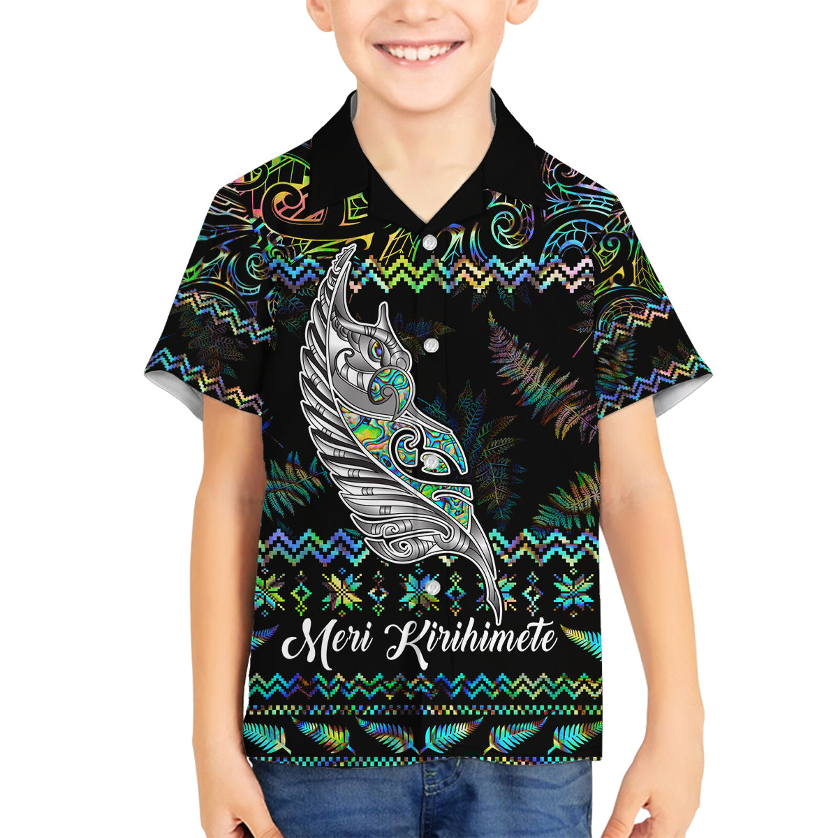 Personalised New Zealand Christmas Family Matching Long Sleeve Bodycon Dress and Hawaiian Shirt Maori Fern Manaia Meri Kirihimete with Papaua Shell LT9 Son's Shirt Black - Polynesian Pride