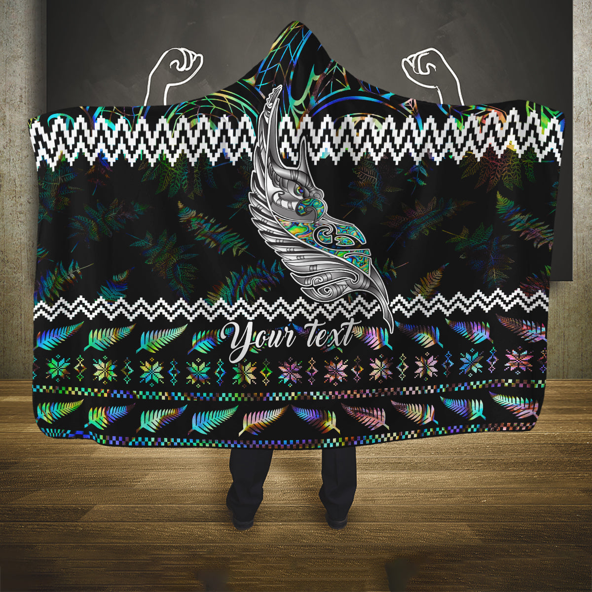 Personalised New Zealand Christmas Hooded Blanket Maori Fern Manaia Meri Kirihimete with Papaua Shell LT9 One Size Black - Polynesian Pride