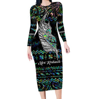 Personalised New Zealand Christmas Long Sleeve Bodycon Dress Maori Fern Manaia Meri Kirihimete with Papaua Shell LT9 Long Dress Black - Polynesian Pride