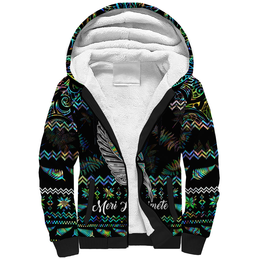 Personalised New Zealand Christmas Sherpa Hoodie Maori Fern Manaia Meri Kirihimete with Papaua Shell LT9 Unisex Black - Polynesian Pride