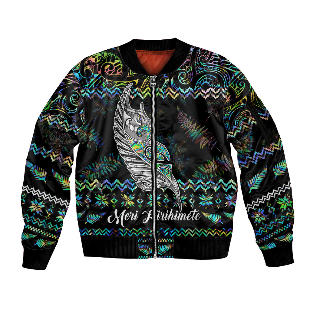Personalised New Zealand Christmas Sleeve Zip Bomber Jacket Maori Fern Manaia Meri Kirihimete with Papaua Shell LT9 Unisex Black - Polynesian Pride