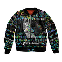 Personalised New Zealand Christmas Sleeve Zip Bomber Jacket Maori Fern Manaia Meri Kirihimete with Papaua Shell LT9 Unisex Black - Polynesian Pride