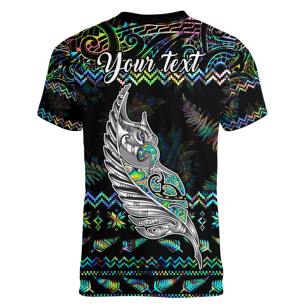 Personalised New Zealand Christmas Women V Neck T Shirt Maori Fern Manaia Meri Kirihimete with Papaua Shell LT9 - Polynesian Pride