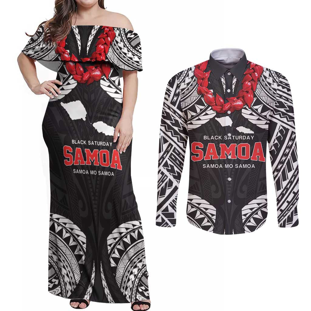 Samoa Black Saturday Couples Matching Off Shoulder Maxi Dress and Long Sleeve Button Shirt Samoa mo Samoa with Black Ula Fala