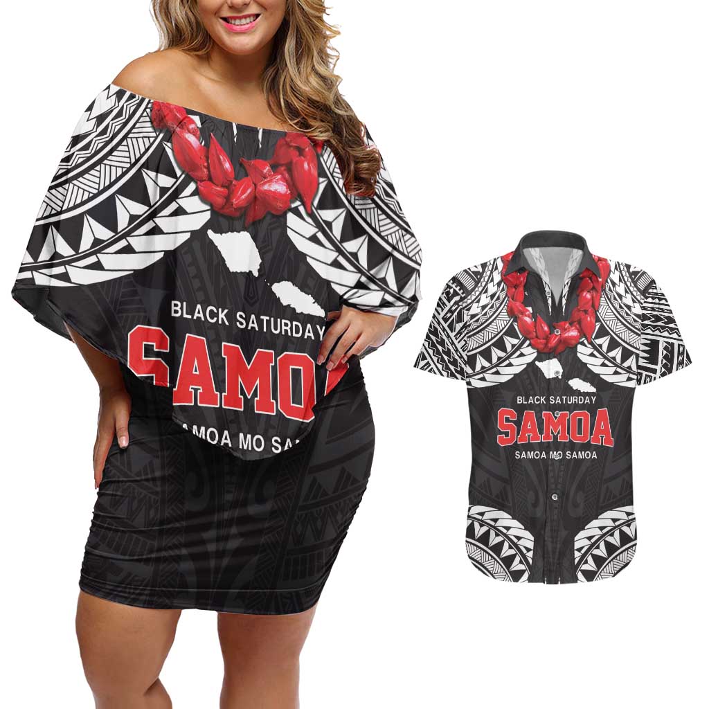 Samoa Black Saturday Couples Matching Off Shoulder Short Dress and Hawaiian Shirt Samoa mo Samoa with Black Ula Fala
