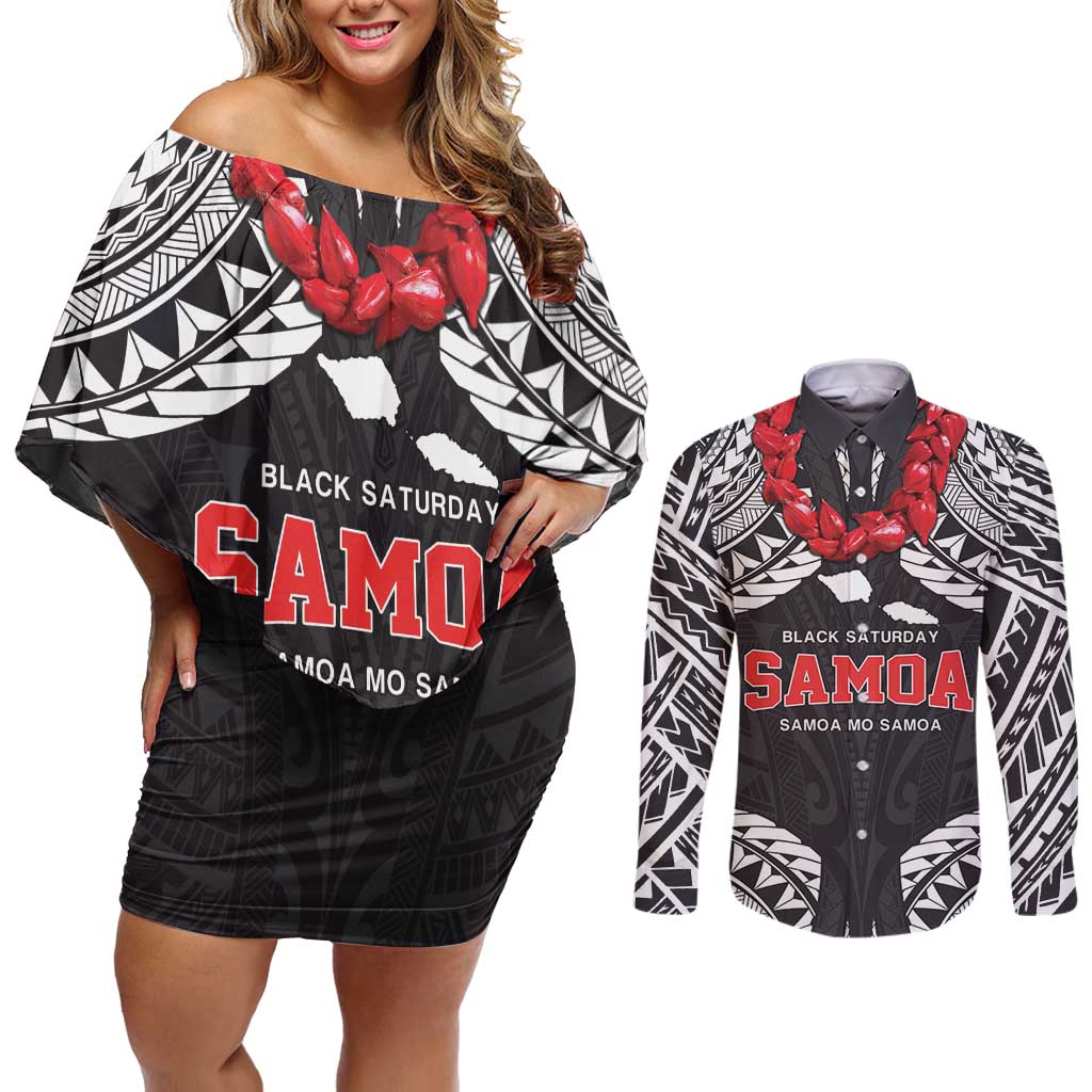 Samoa Black Saturday Couples Matching Off Shoulder Short Dress and Long Sleeve Button Shirt Samoa mo Samoa with Black Ula Fala