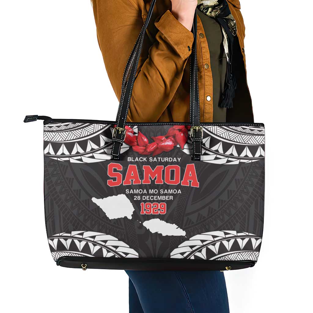 Samoa Black Saturday Leather Tote Bag Samoa mo Samoa with Black Ula Fala LT9 - Polynesian Pride
