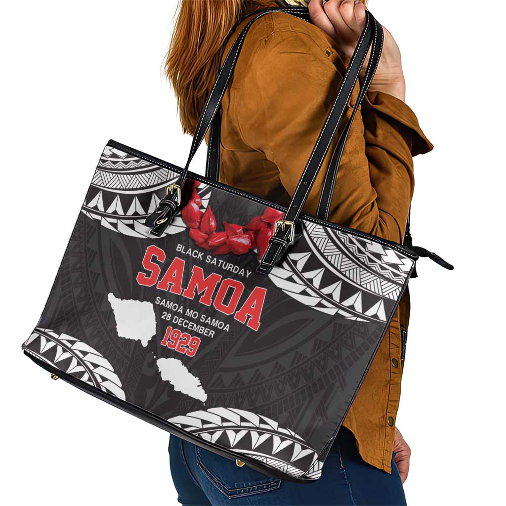 Samoa Black Saturday Leather Tote Bag Samoa mo Samoa with Black Ula Fala LT9 - Polynesian Pride